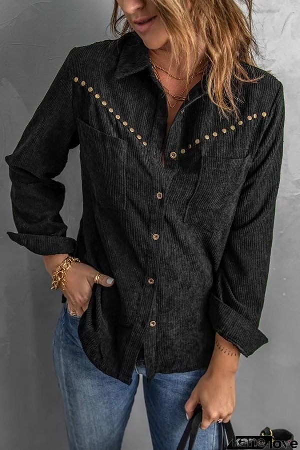 Rivet Corduroy Buttoned Long Sleeve Shirt with Pockets