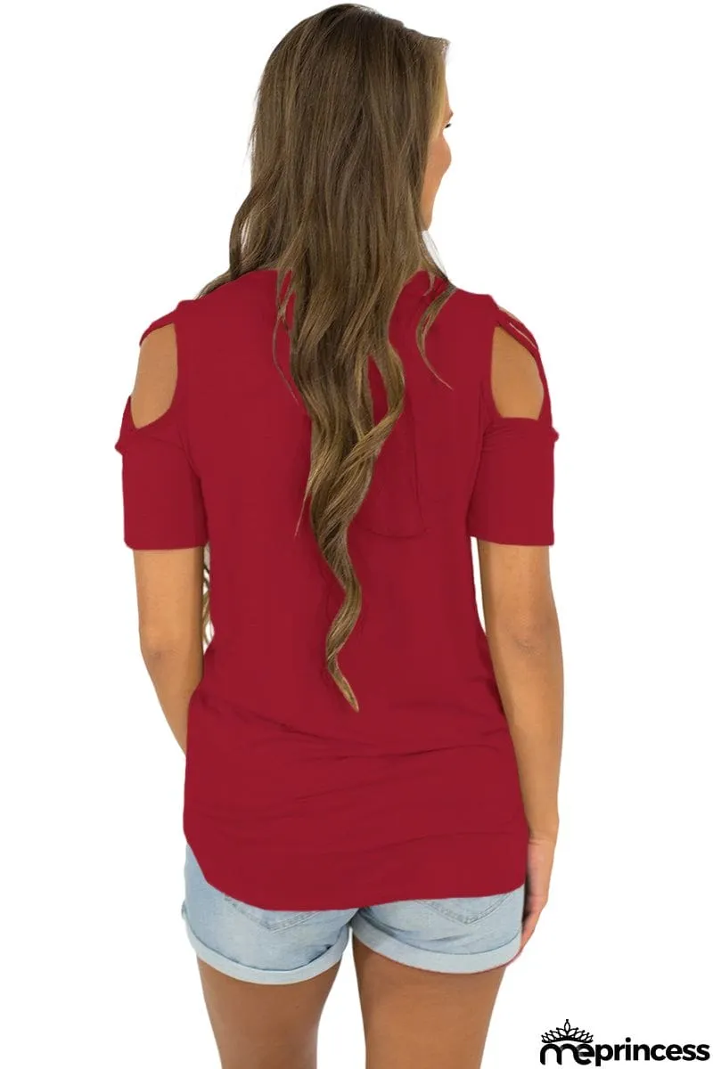 Burgundy Crisscross Cold Shoulder Short Sleeve Shirt