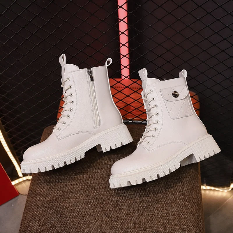 2021 Autumn Fashion Platform Boots White Lace Up Punk Ankle Boot For Women Soft Round Toe Combat  Black Boots Ladies Shoes