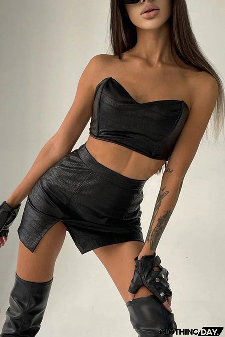 Black Leather Strapless Crop Top Slit Skirt Set