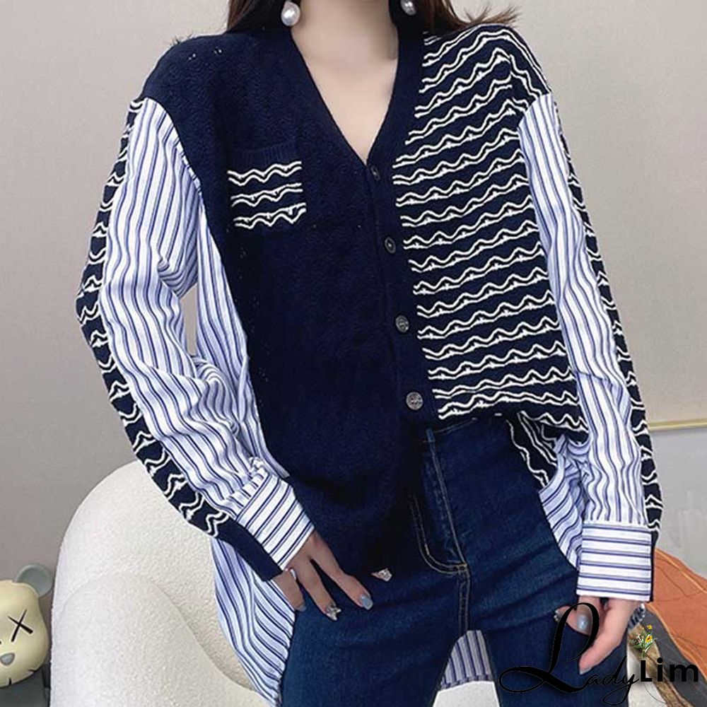 Colorblock Stripe Loose V-neck Cardigan Sweater Shirt
