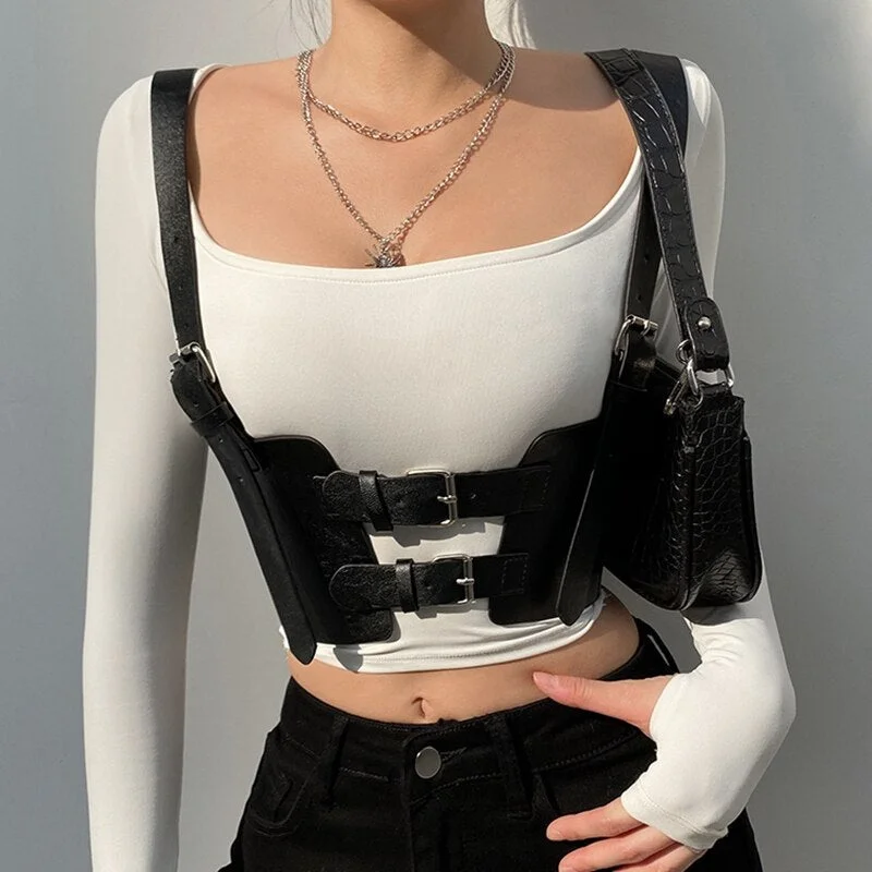 Women Streetwear Sexy PU Leather Crop Top Punk Style Backless Tank Tops Nightclub Bustier Female Corset