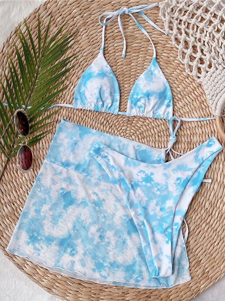 Peachtan Mesh 3 Pieces Bikini Set Floral Print Swimwear Female Traingle Swimsuit Women String Swimming Suit Bathing Suit 2022