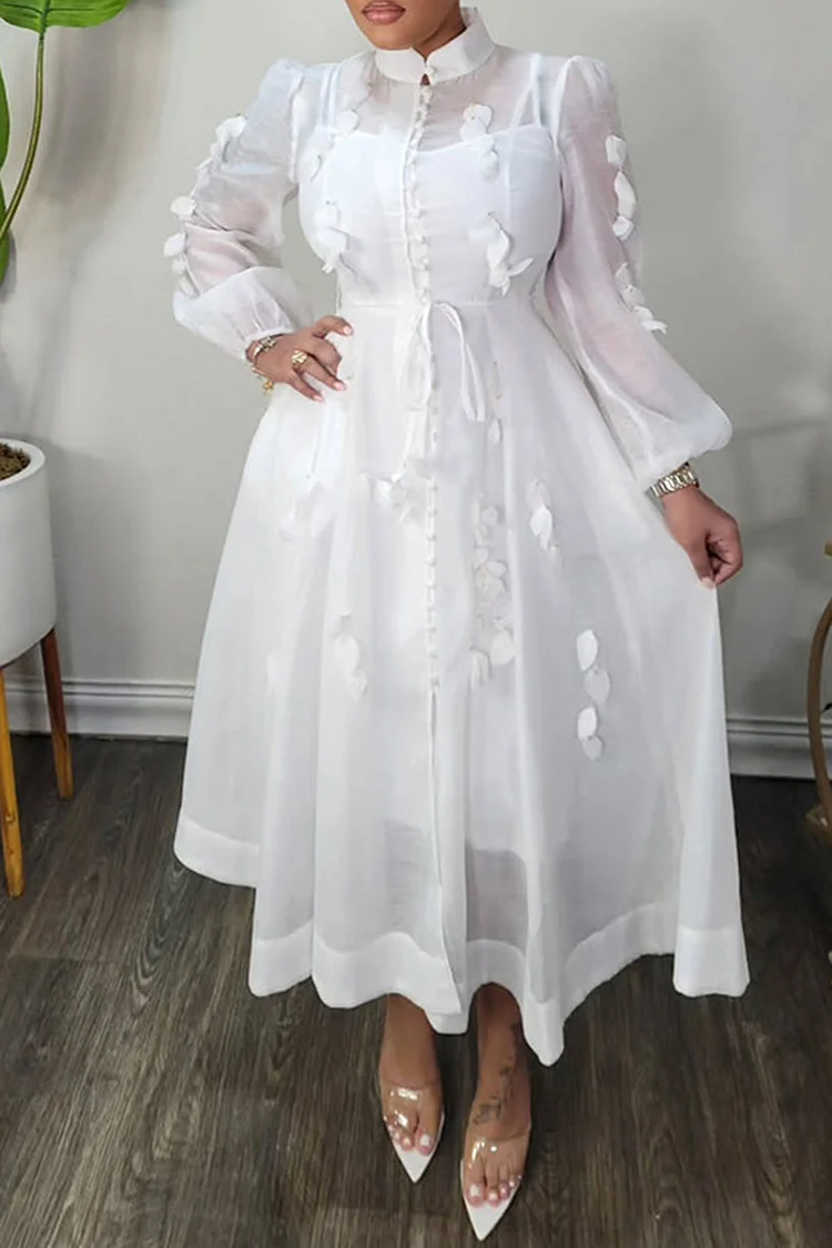 Plus Size Wedding White Elegant Round Neck Long Sleeve See Through 3D Organza Midi Dresses [Pre-Order] 2024 - Xpluswear