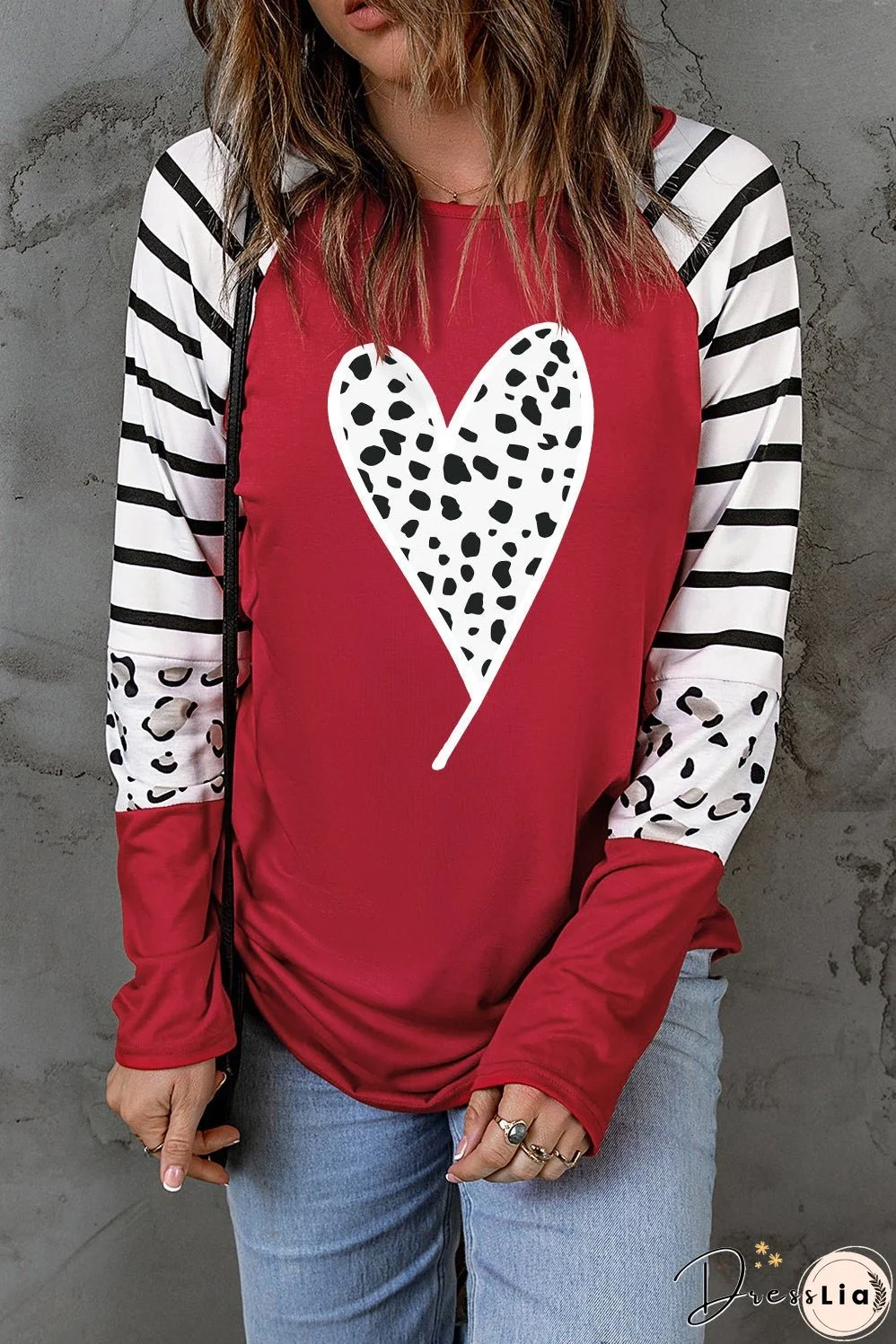 Fiery Red Valentines Leopard Heart Print Color Block Long Sleeve Top
