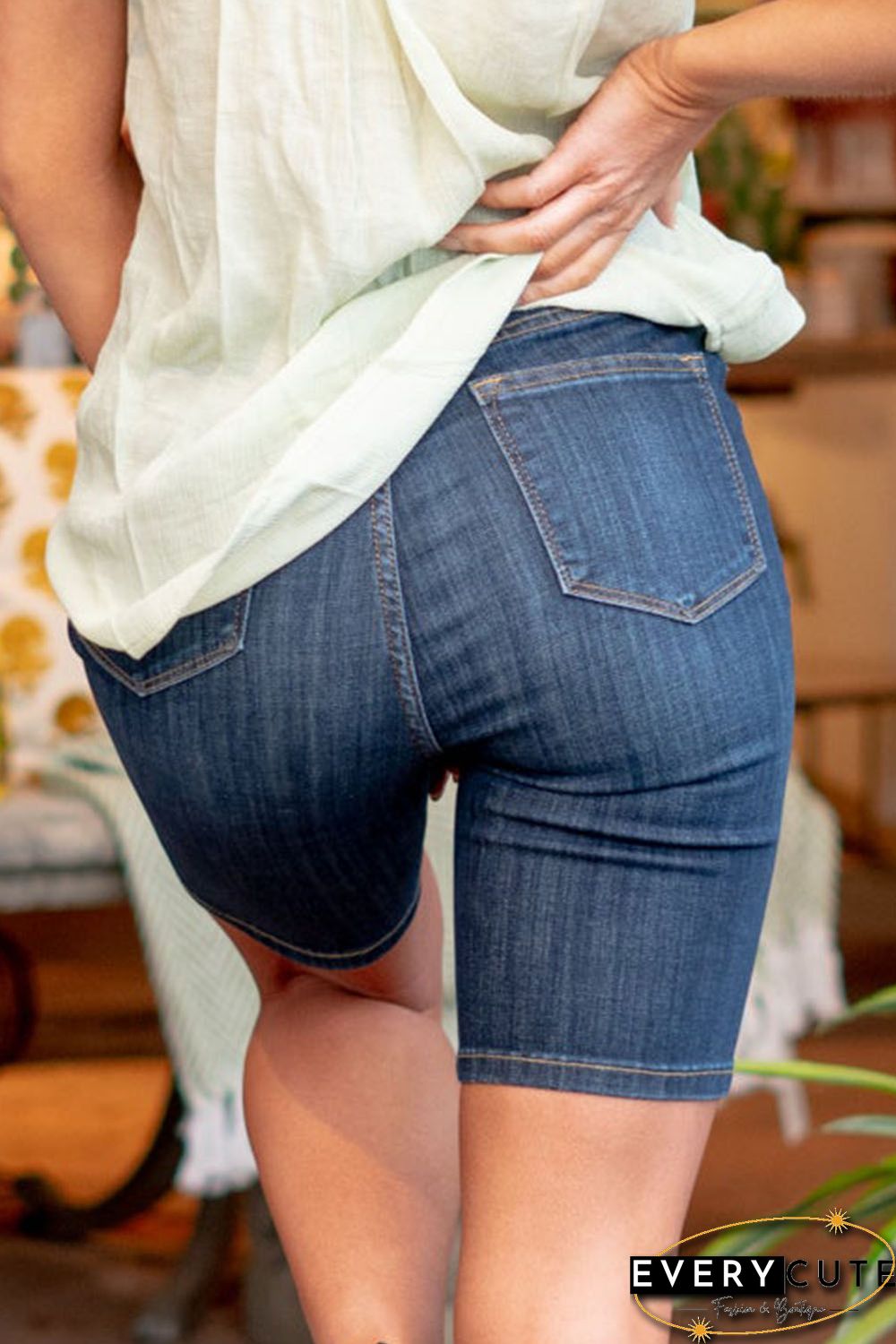 Blue Slim Fitted Denim Biker Shorts