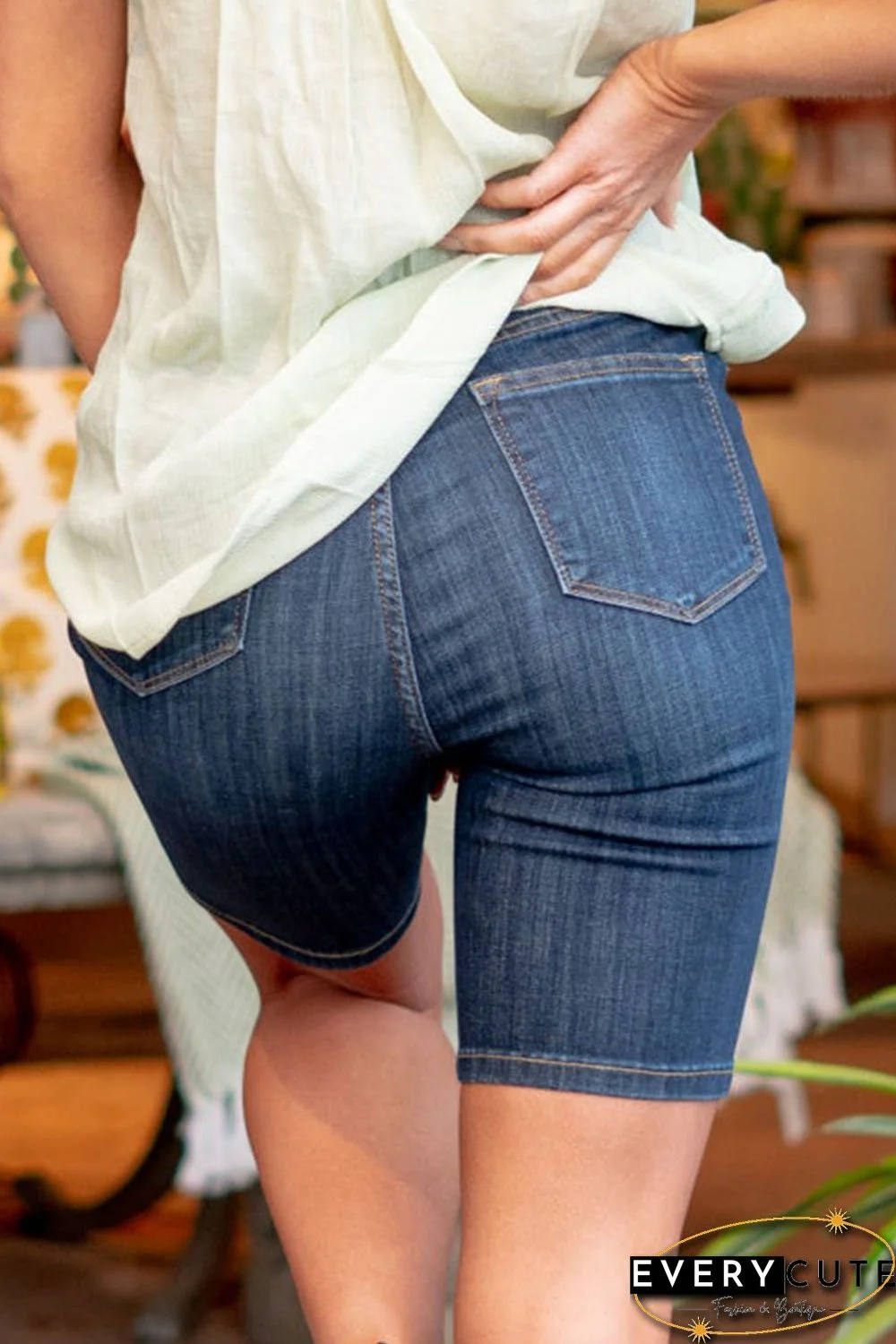 Blue Slim Fitted Denim Biker Shorts