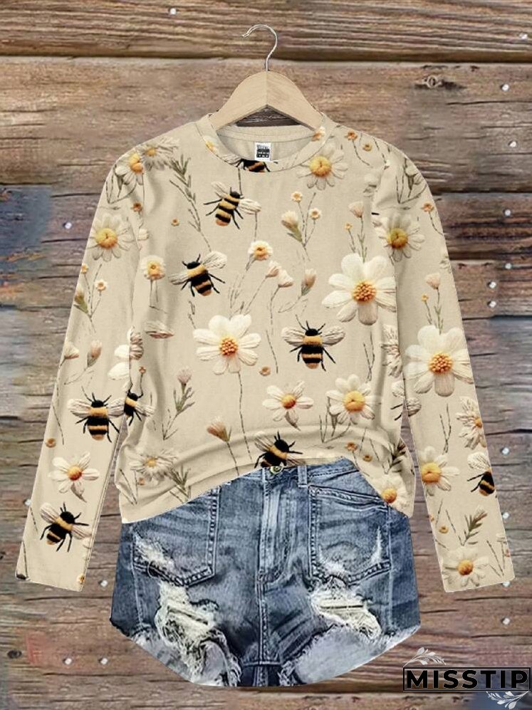 Women's Casual Bee & Flower Print T-Shirt For Autumn