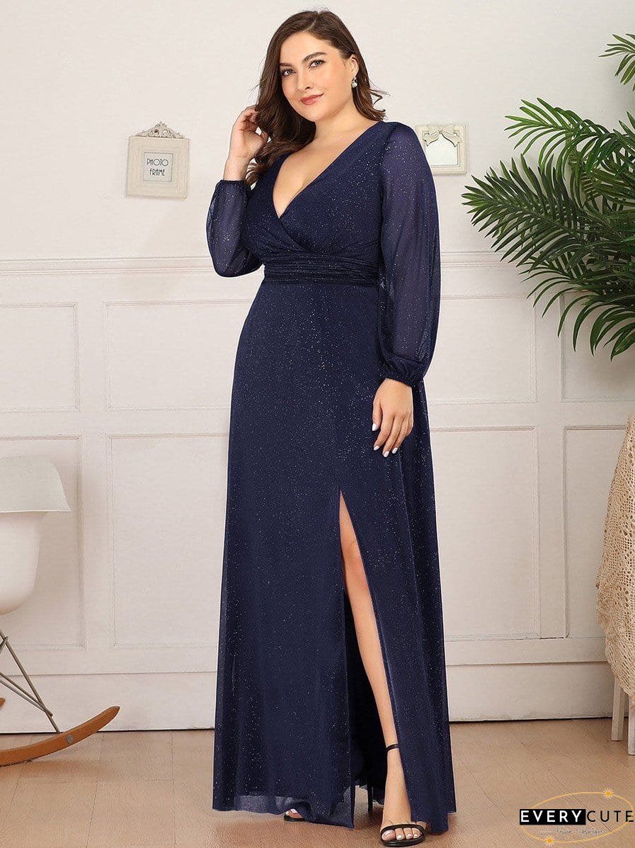 Shiny Puff Sleeve V-Neck Evening Gown for Curvy Women