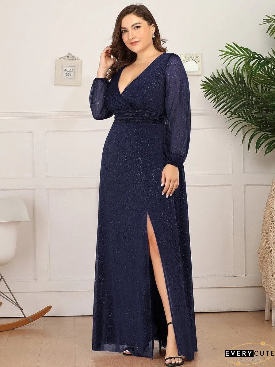 Shiny Puff Sleeve V-Neck Evening Gown for Curvy Women