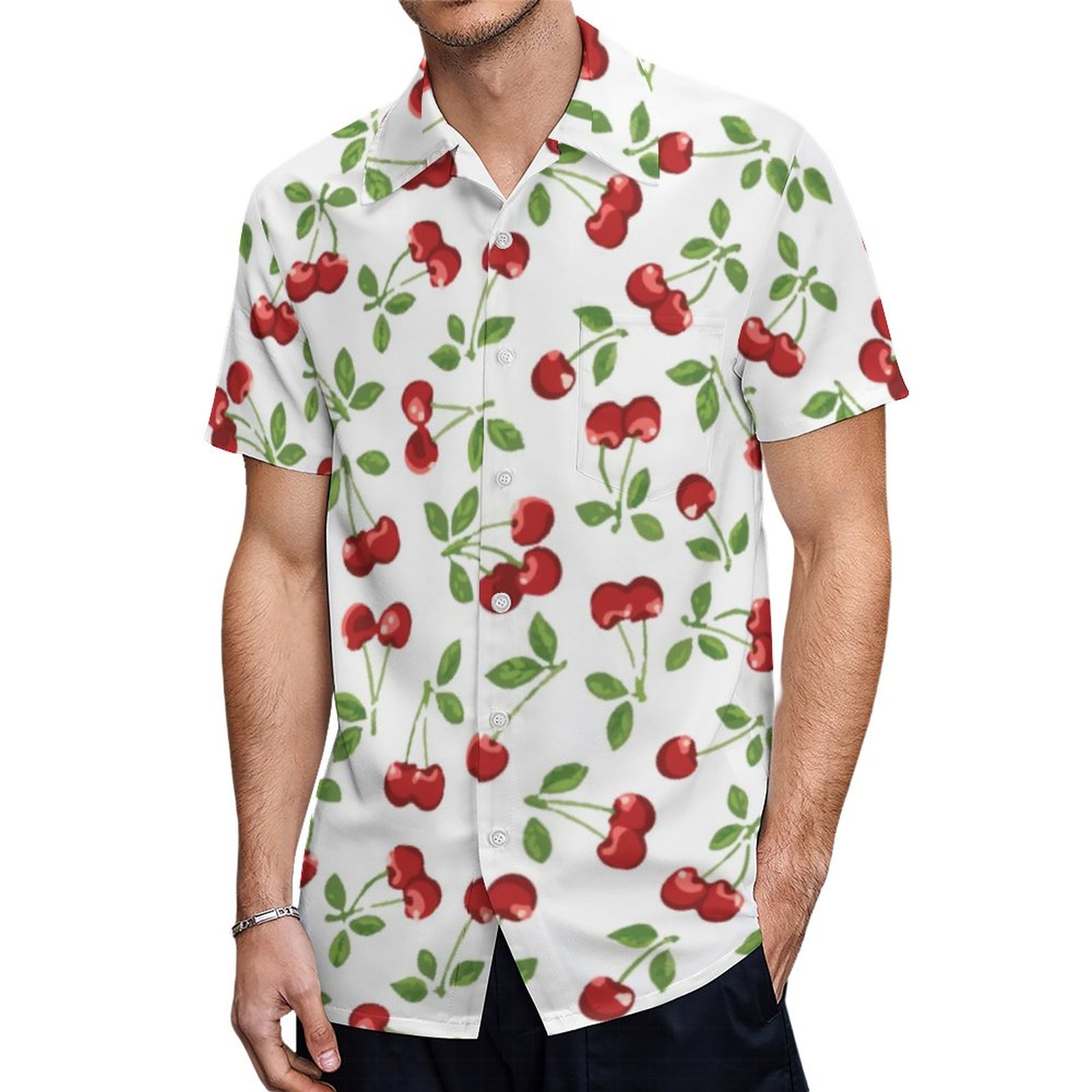 Whimsical Ripe Red Cherries White Background Hawaiian Shirt Mens Button Down Tropical Hawaii Beach Shirts