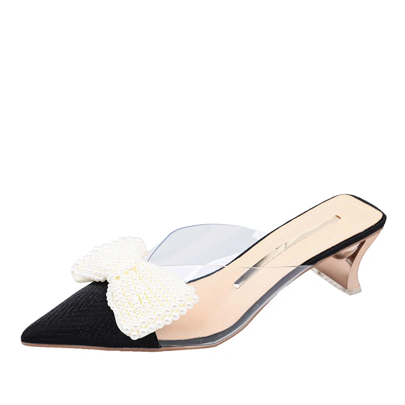 Tanguoant Tanguoant Baotou Half Slippers Female Summer Outside Wear Fashion Good To Match The 2023 New Fairy Wind Bow Black Transparent
