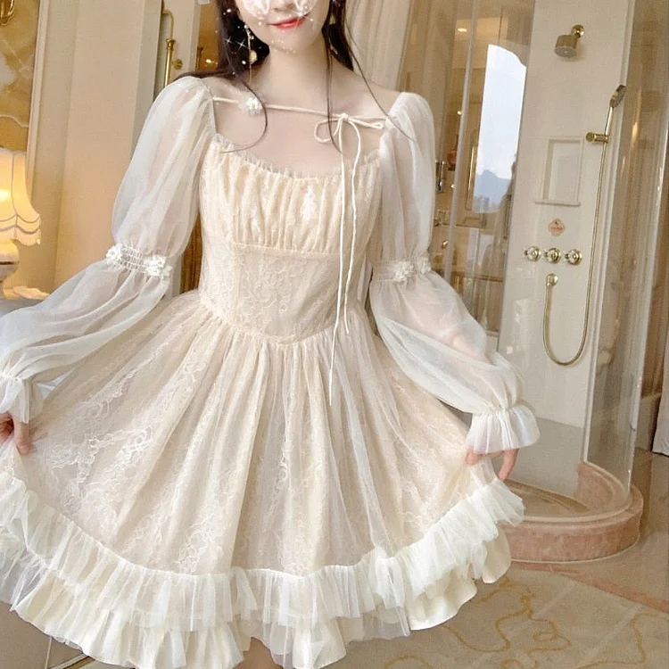 Square Collar Ruffle Tulle Mini Dress - Gotamochi Kawaii Shop, Kawaii Clothes