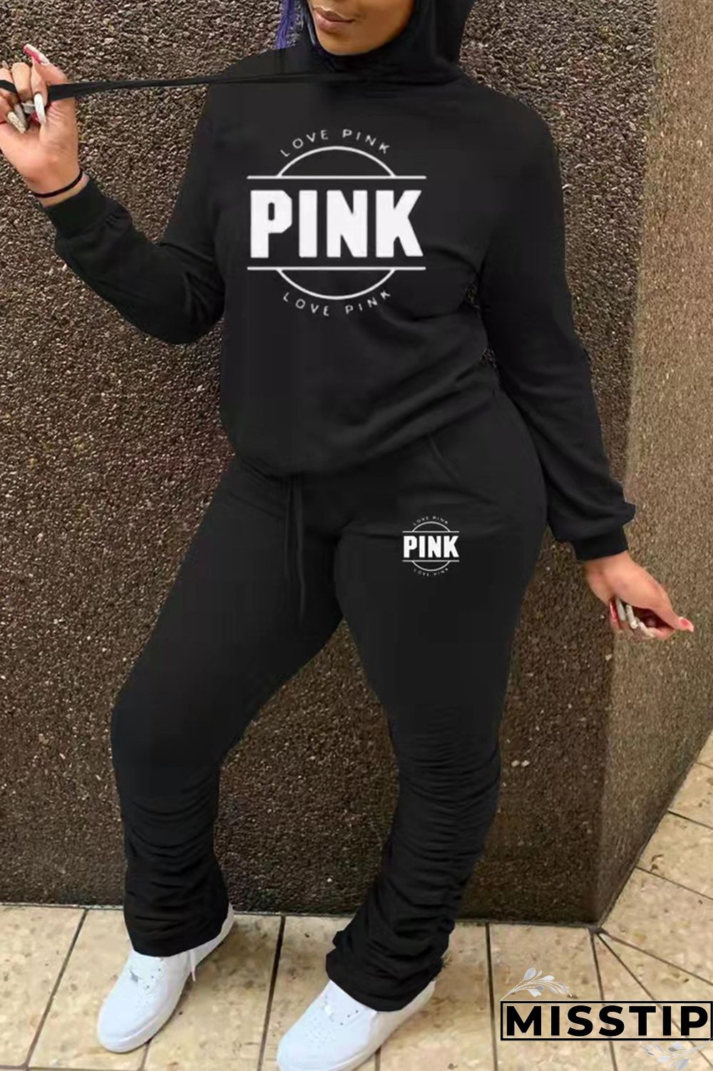Red Fashion Casual Letter Print Fold Hooded Collar Long Sleeve Two Pieces