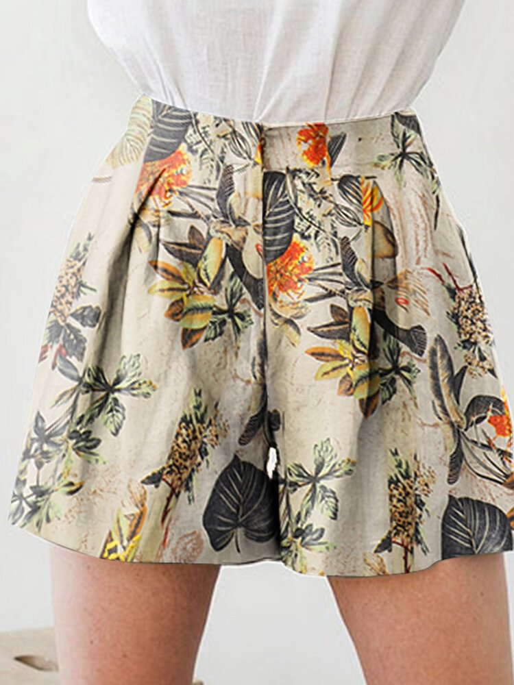 Plant Print Pocket Ruched Casual Shorts