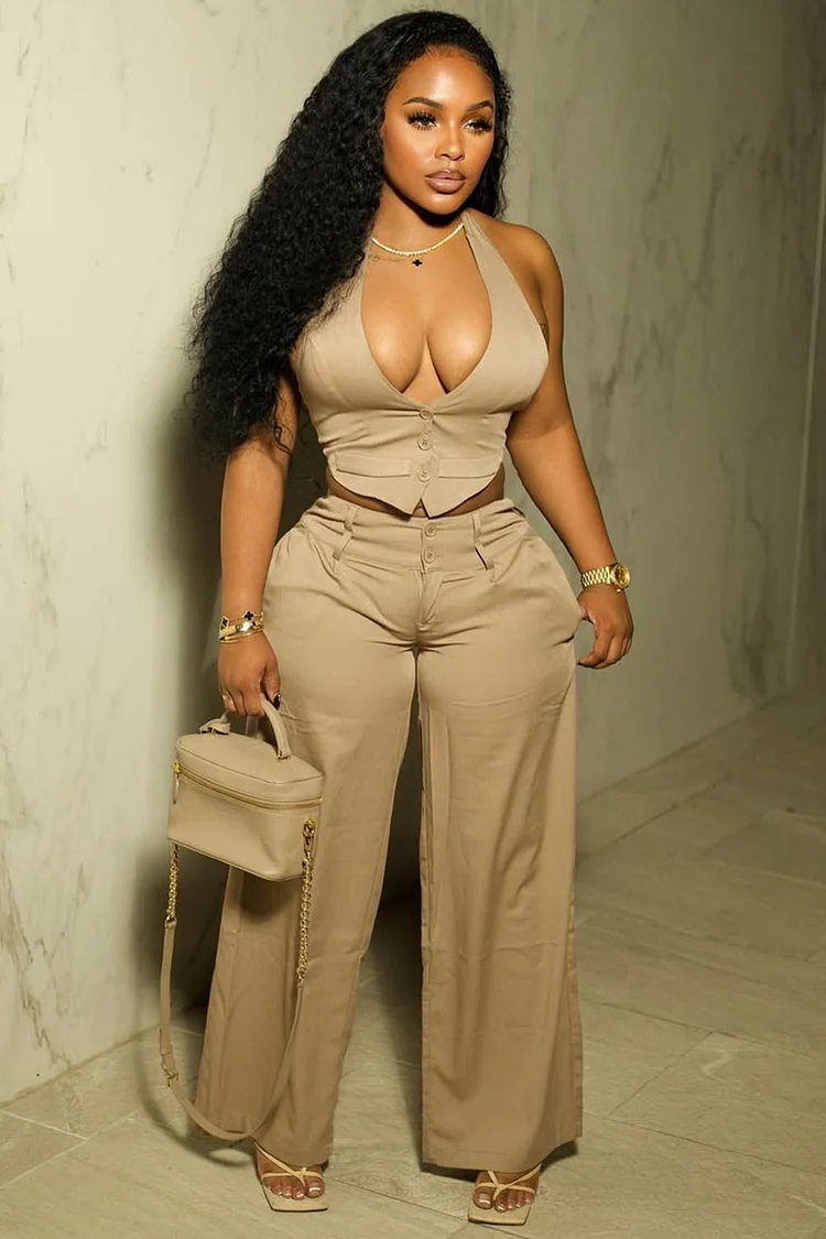 Deep V Halter Button Up Top Solid Wide Leg Pants 2pcs Set-Khaki [Pre Order]