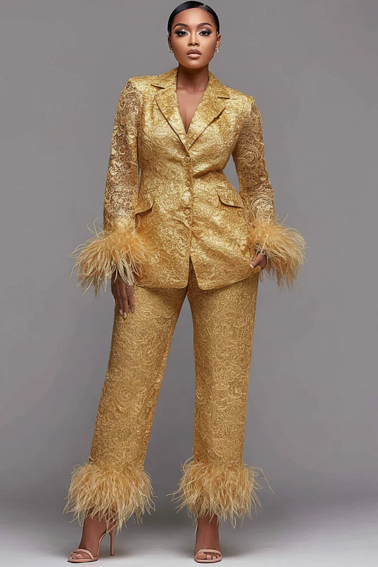 Xpluswear Design Plus Size Formal Gold Turndown Collar Long Sleeve Feather Elegant Pocket Lace Two Piece Pant Suits [Pre-Order]