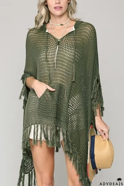 Hollow Tassels Hooede Cover Up