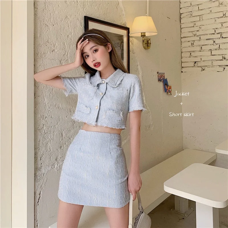 UForever21 Tweed Two Piece Sets Women Short Sleeve Crop Top And High Waist  Mini Skirt Elegant 2 Piece Outfits Summer Skirt Suits 2023