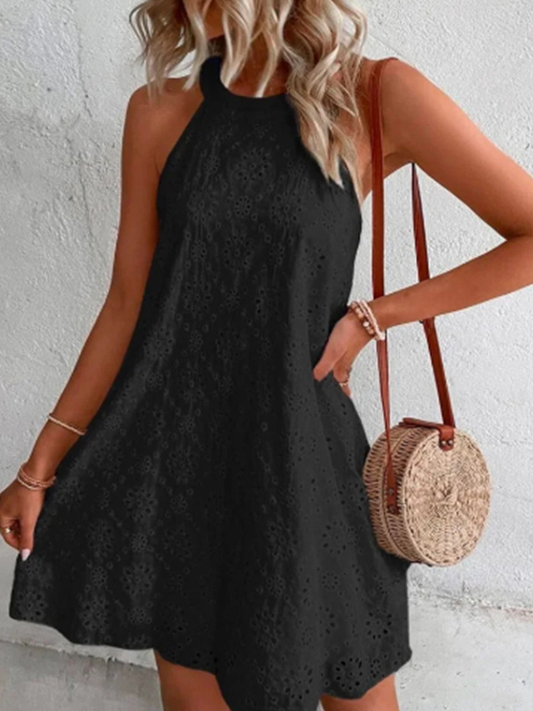 Summer Elegant Retro Solid Color Lace V Neck Loose Hollow Embroidered Sexy Mini Dress