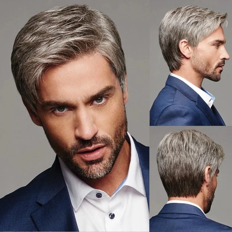 New Men's Wigs with Brown-Gray Diagonal Wigs