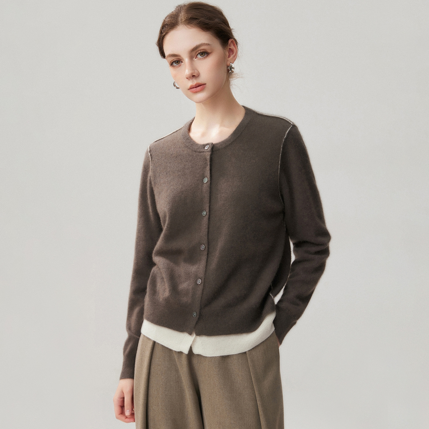 Women's Baby Cashmere Cardigan Relaxed Fit Contrast Hem REAL SILK LIFE