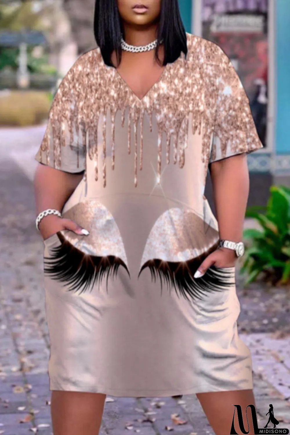 MidiSono - Pink Fashion Casual Print Patchwork V Neck Short Sleeve Dress Dresses