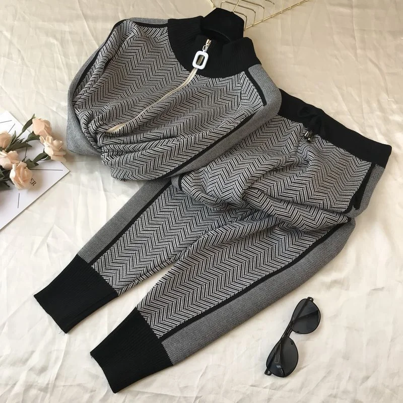 sweater+pants women clothing set casual body suits cardigan pants outfits spring plaid two pieces set woman knitted tracksuits