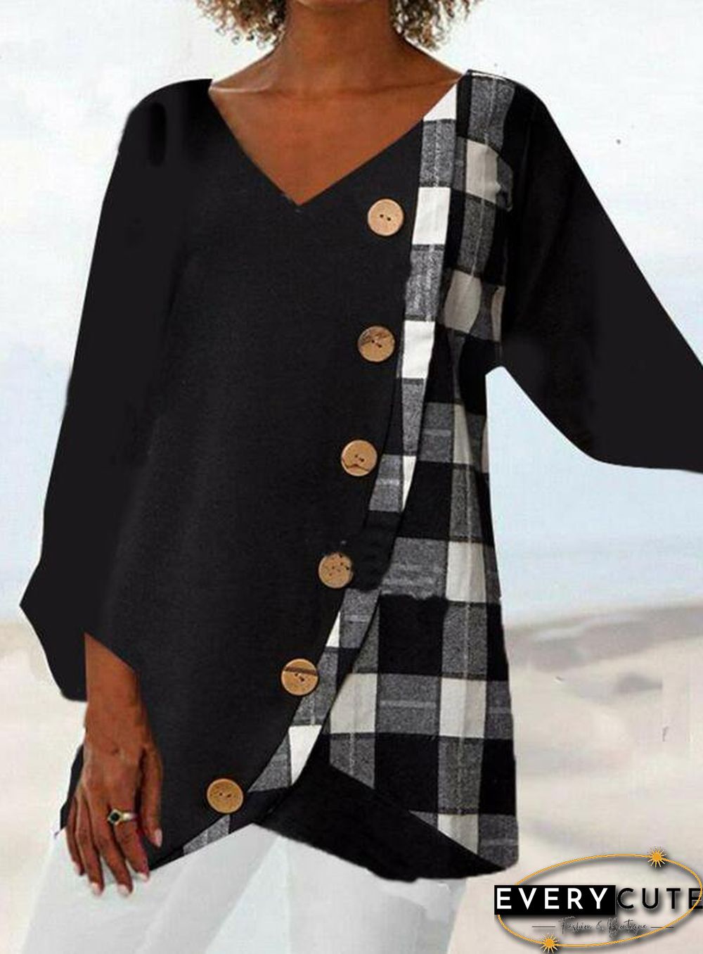 V Neck Polyester Cotton Casual Tops