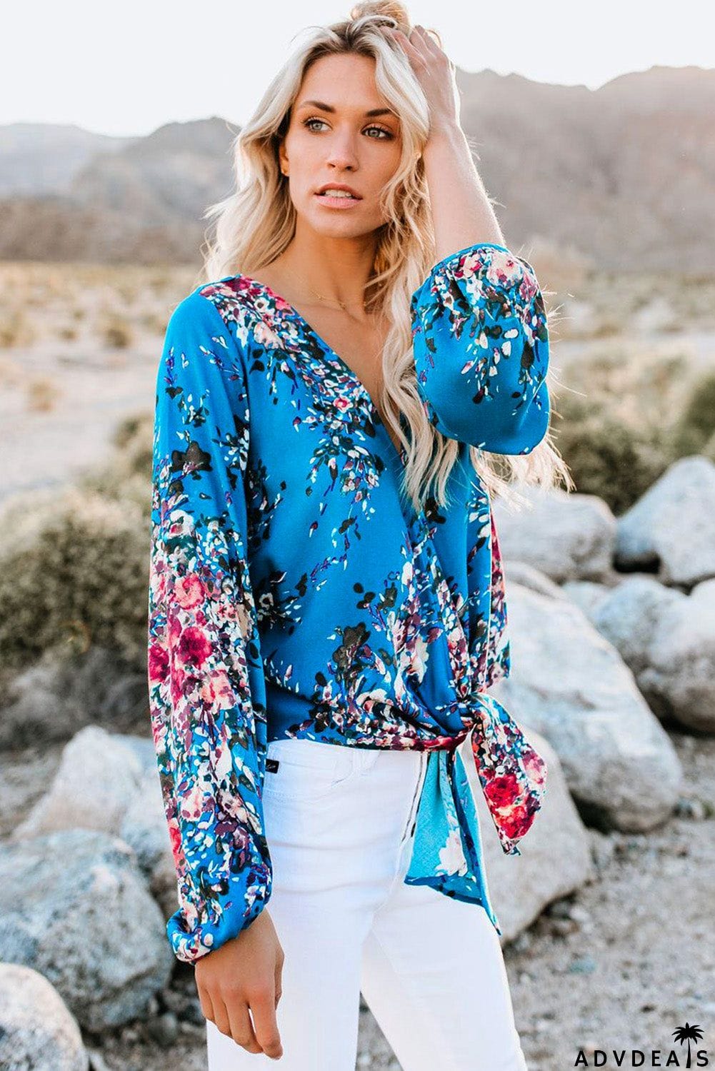 V Neck Long Sleeve Tie Front Blouse