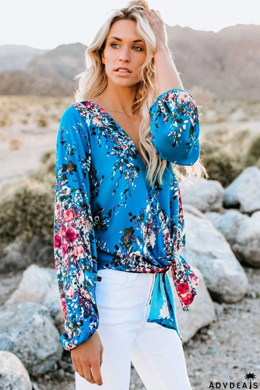 V Neck Long Sleeve Tie Front Blouse