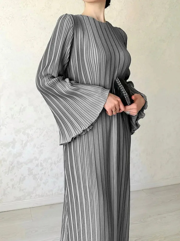 Tlbang Women Elegant Flared Sleeves Solid Color Pleated Ruffled Evening Dress Spring Autumn New Year Party A-Line Maxi Dresses