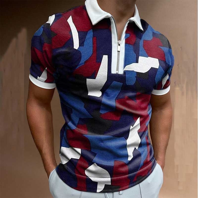Summer Camouflage  Men's Clothing Casual Fashion Printed Men Polo Shirts Turn-down Collar Zipper Design Short Sleeve Tops