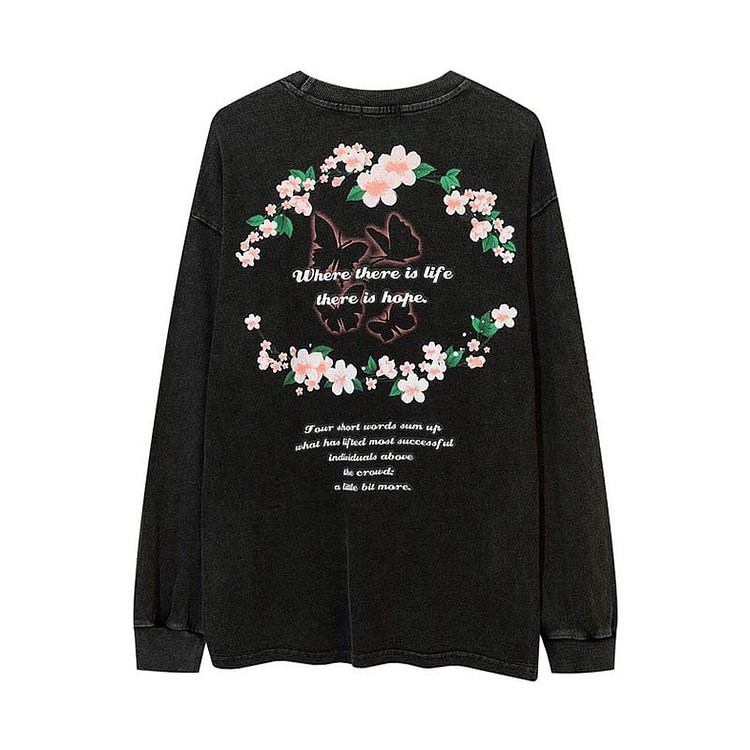 Chic Letter Blossom Butterfly Print Oversized Sweatshirt - Modakawa Modakawa
