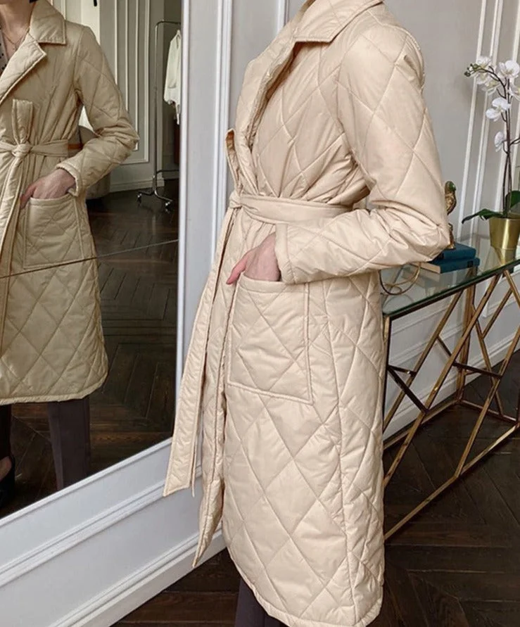 Long straight winter coat with rhombus pattern Casual sashes women parkas Deep pockets tailored collar stylish outerwear