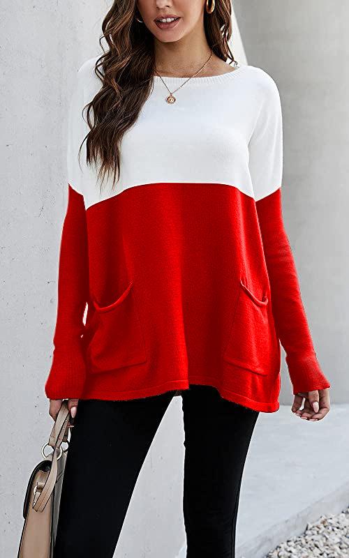  thdmladies Knitted long-sleeved sweater contrast color pocket pullover thedmladies