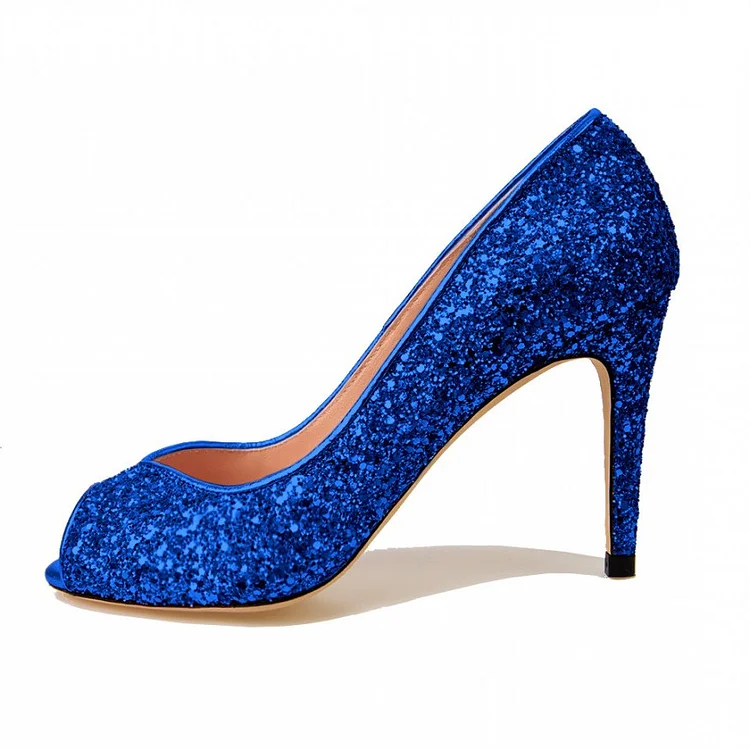 Women's Blue Peep Toe Glitter Stiletto Heel Pumps Bridal shoes |FSJ Shoes