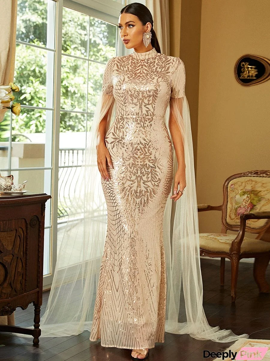 Drape Sleeve Mermaid Sequin Gold Prom Dress XH2241