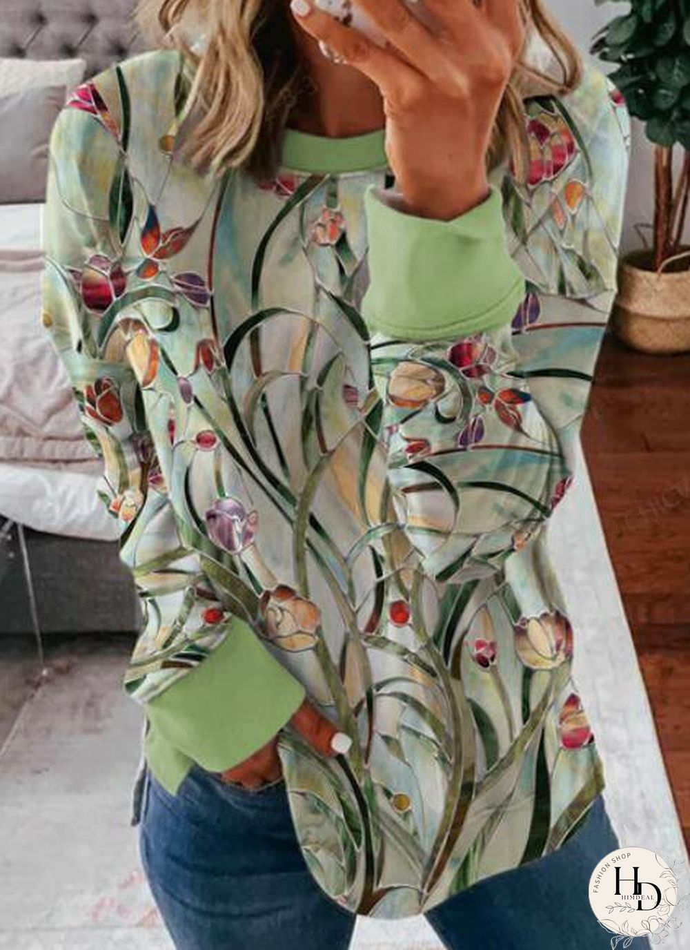 Casual Floral Autumn Lightweight Jersey Long sleeve Mid-long H-Line Regular Size