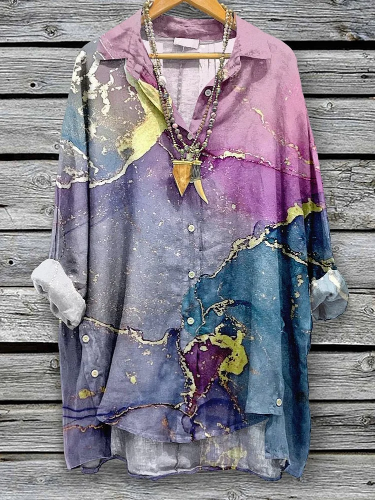 Women's Vintage Marble Print Casual Cotton And Linen Shirt