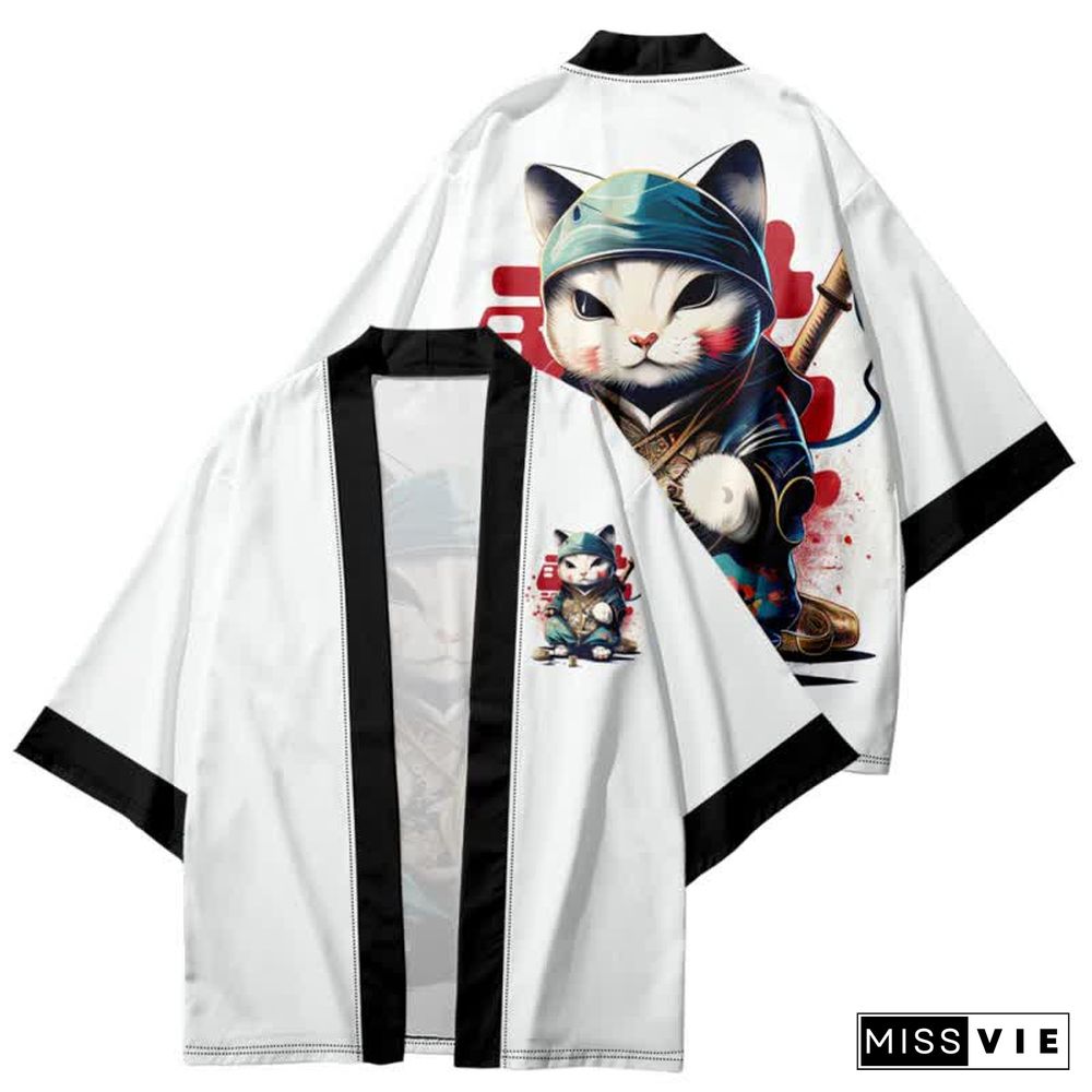 Vintage Cat Warriors Print Cardigan Kimono Outerwear