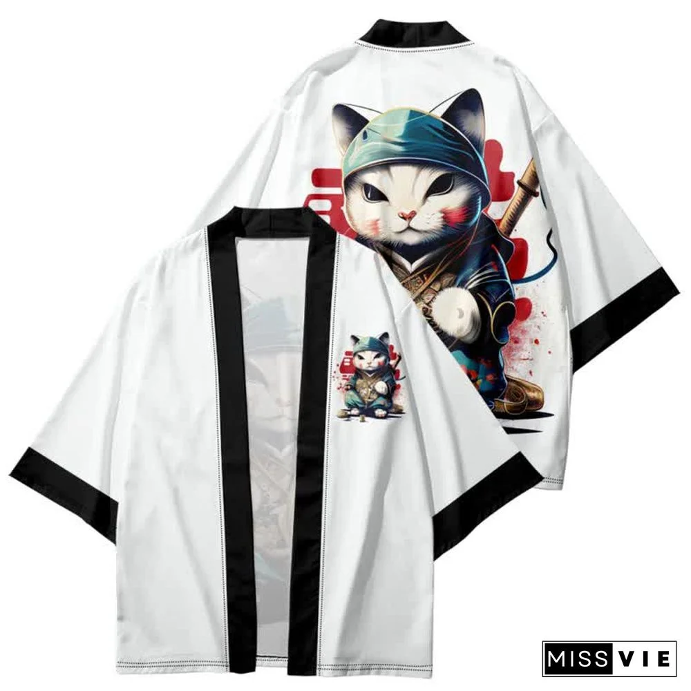 Vintage Cat Warriors Print Cardigan Kimono Outerwear