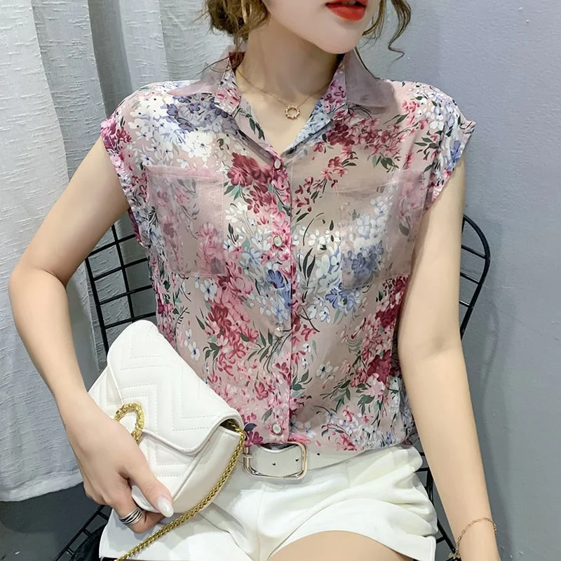 Summer Blouse Sleeveless Shirts Women Vintage Floral Print Blouses Ladies Tops 2022 Blusas Mujer Casual Chiffon shirt 10225