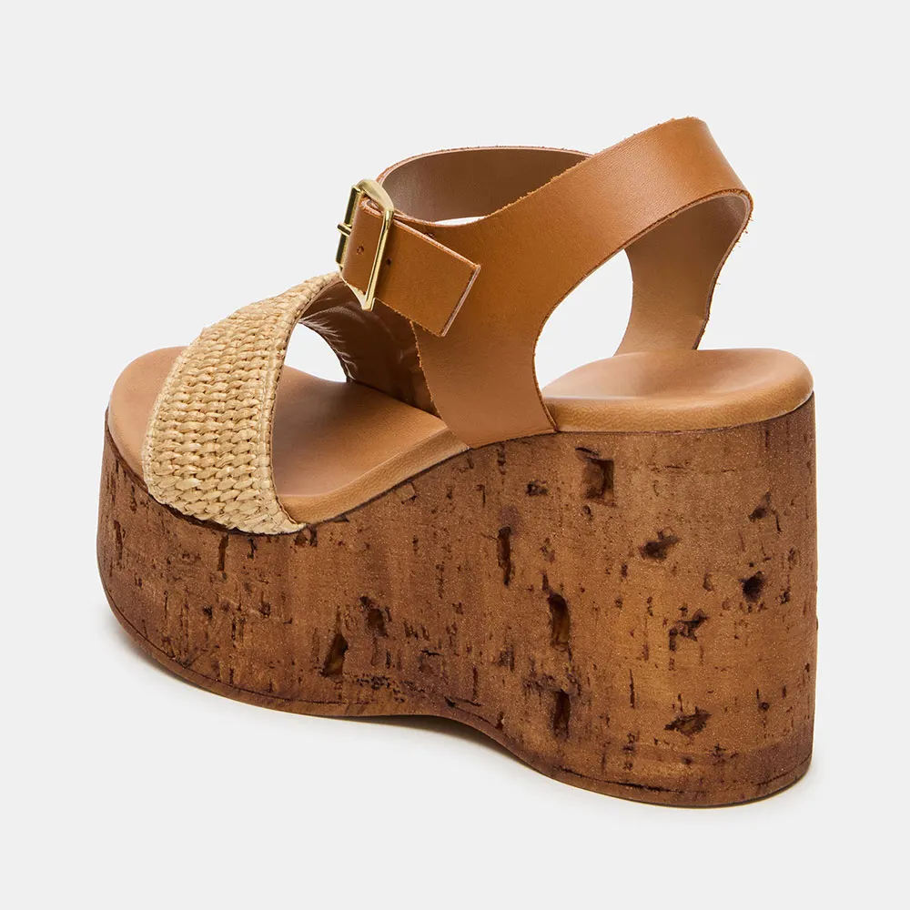 Tan & Beige Ankle Strap Open Toe Wedge Sandals with Platform