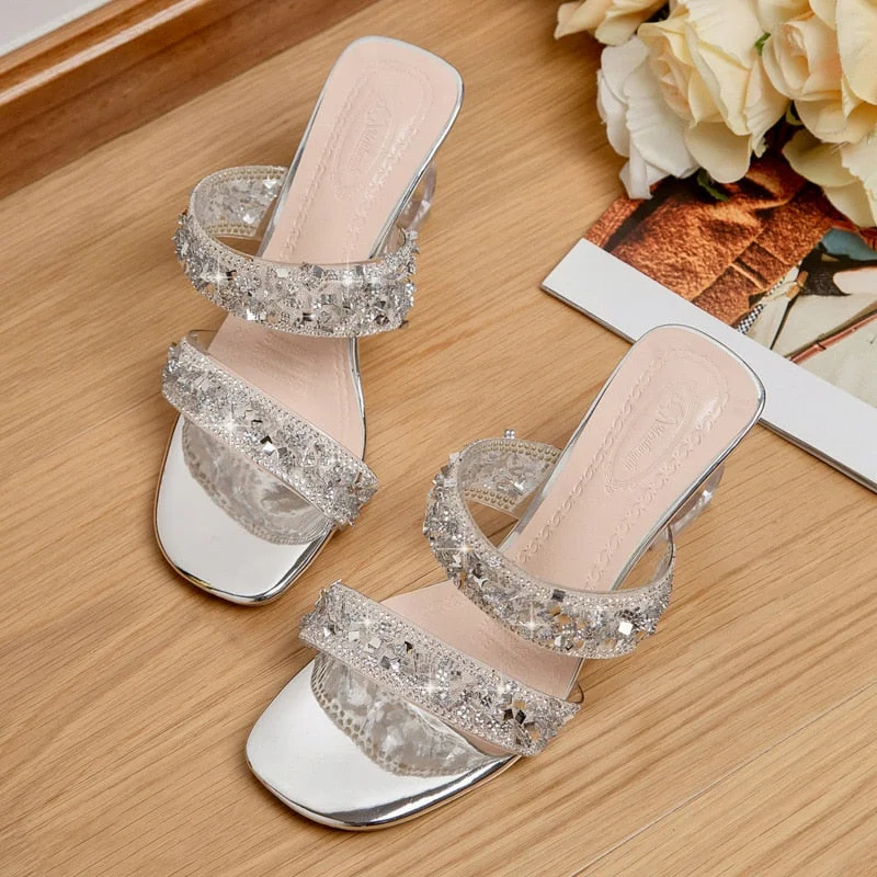 Comemore 2021 Shiny New Fashion Thin High Heels Sandals Open Toe Platform Clog Party Sandals Woman Rhinestone Silver Slippers 34