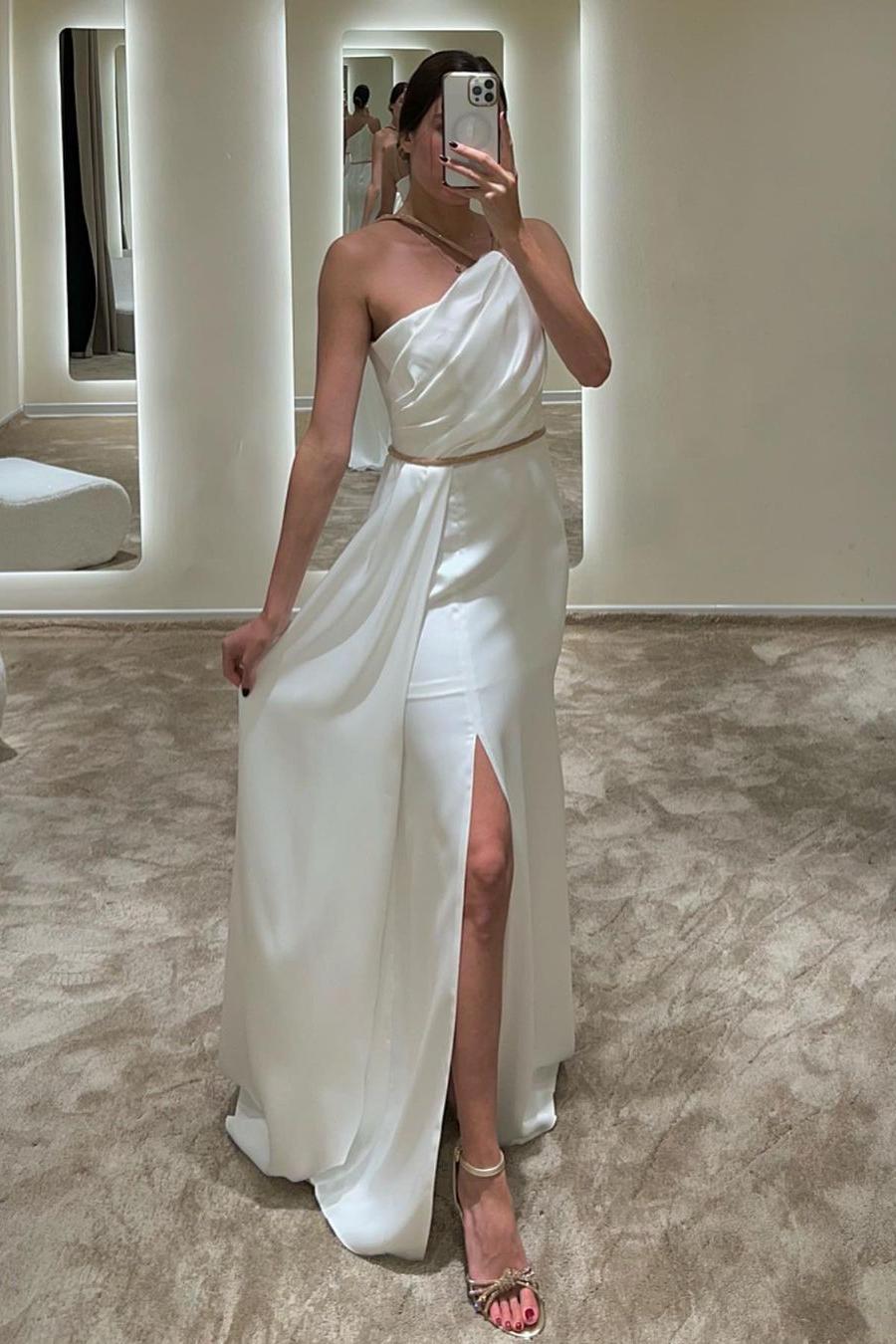 Lussooy Simple White Sleeveless One Shoulder Satin Long Pleated Prom Dress with Split 