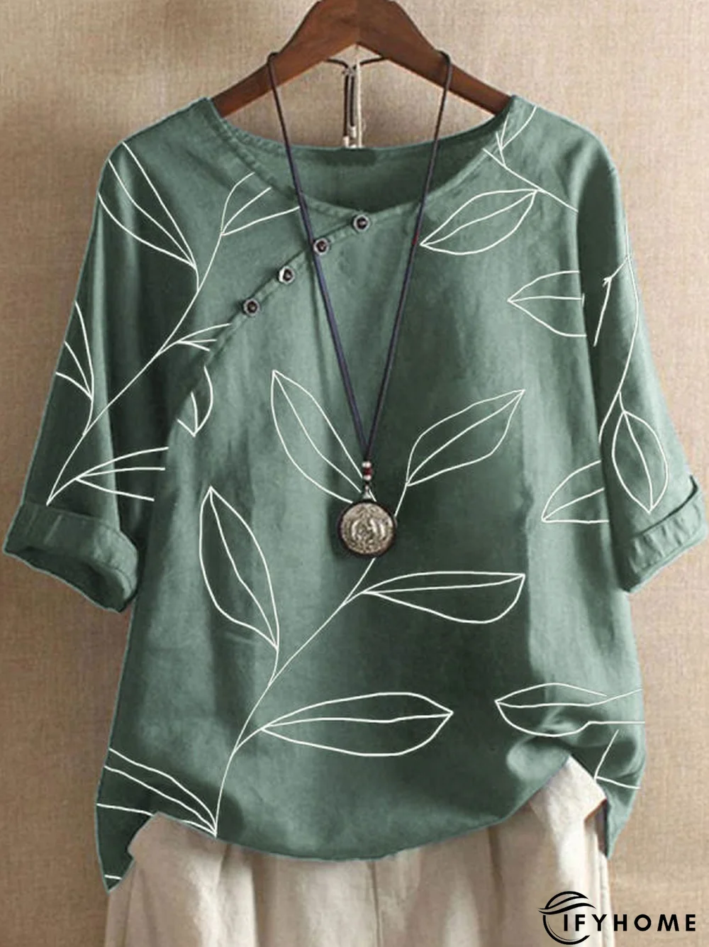 Linen Leaf Print Buttoned Short Sleeve Blouse | IFYHOME