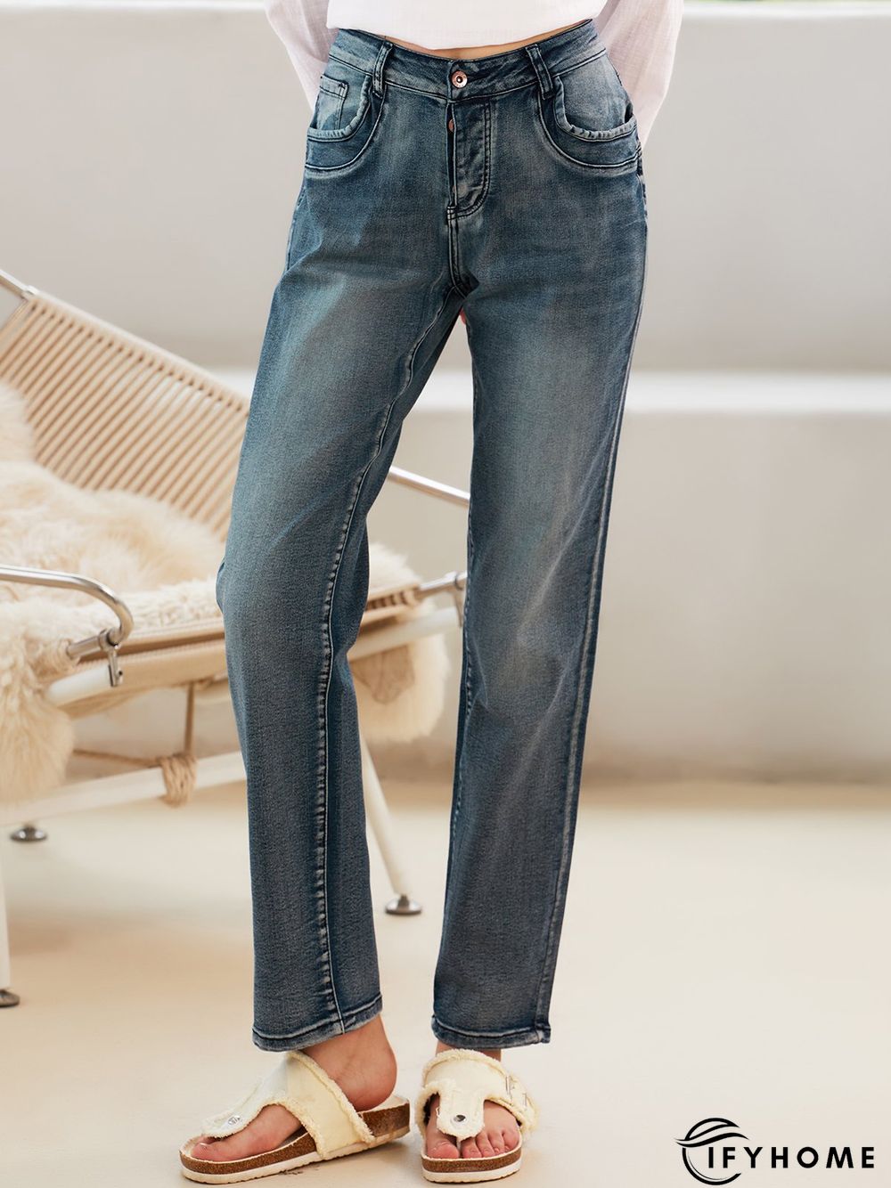 Blue Denim Simple Solid Pockets Jeans | IFYHOME