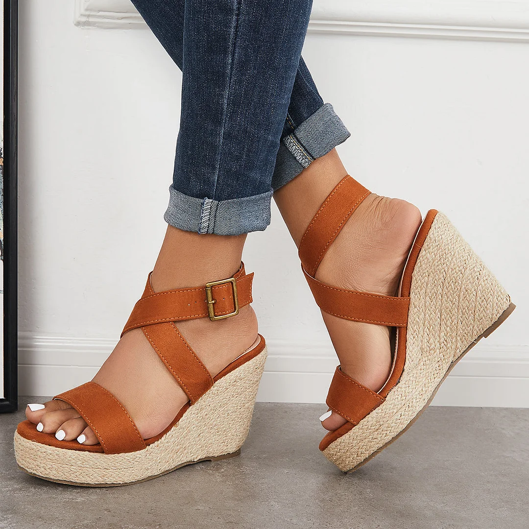 Criss-Cross Ankle Strap Espadrille Wedge Platform Sandals