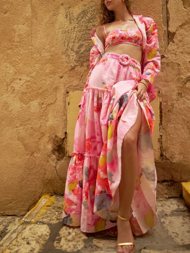 Floral Vest Long-sleeved Shirt Elastic Waist Skirt Three-piece Set